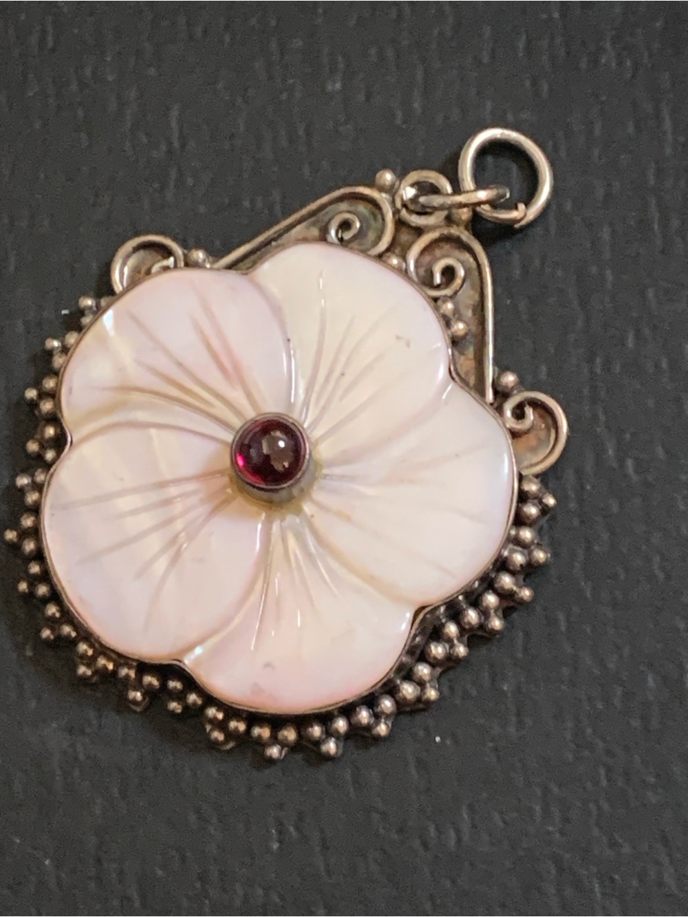 Sterling Silver Mother-of-Pearl Flower Pendant with Garnet Center